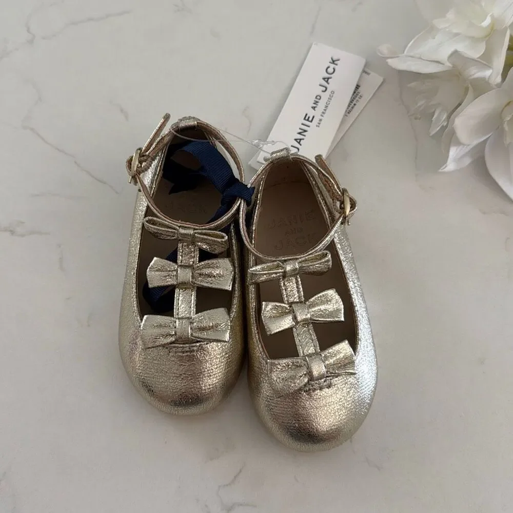 Janie and Jack Metallic Bow Ballet Flat in Gold Size 5
